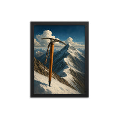 Tenzing Norgay ice axe on Everest ridge framed print on a plain backdrop in size 12"x16".