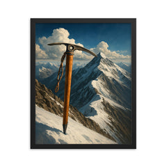 Tenzing Norgay ice axe on Everest ridge framed print on a plain backdrop in size 16"x20".