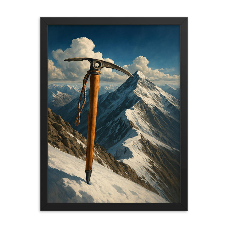 Tenzing Norgay ice axe on Everest ridge framed print on a plain backdrop in size 18