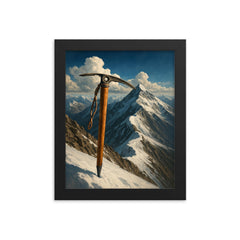 Tenzing Norgay ice axe on Everest ridge framed print on a plain backdrop in size 8"x10".