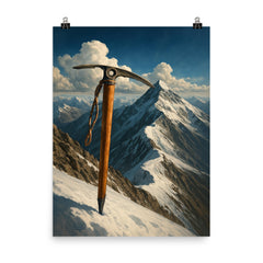 Tenzing Norgay ice axe on Everest ridge poster on a plain backdrop in size 8"x10".