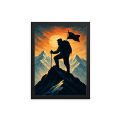 Tenzing Norgay on summit ridge silhouette framed print on a plain backdrop in size 12"x16".
