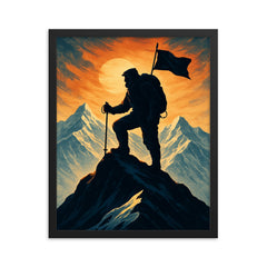 Tenzing Norgay on summit ridge silhouette framed print on a plain backdrop in size 16"x20".