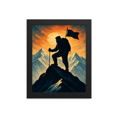 Tenzing Norgay on summit ridge silhouette framed print on a plain backdrop in size 8"x10".