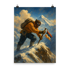 Tenzing Norgay planting ice axe on Everest ridge poster on a plain backdrop in size 8"x10".