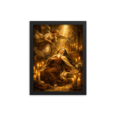 Teresa of Avila transverberation in candlelit chapel framed print on a plain backdrop in size 12"x16".
