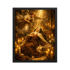 Teresa of Avila transverberation in candlelit chapel framed print on a plain backdrop in size 16"x20".