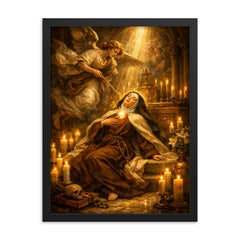 Teresa of Avila transverberation in candlelit chapel framed print on a plain backdrop in size 18"x24".