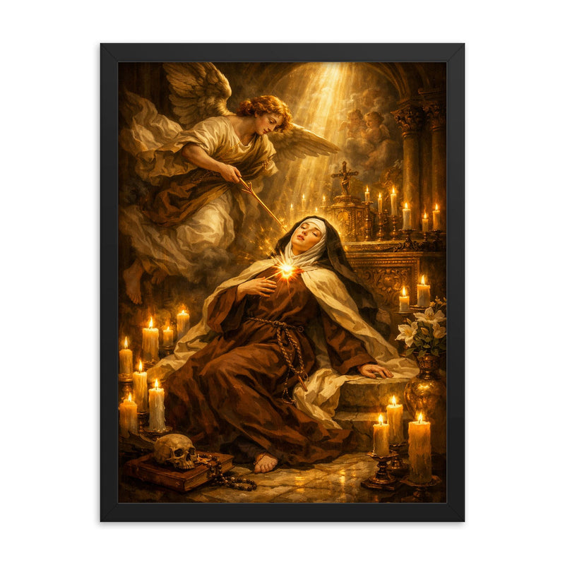 Teresa of Avila transverberation in candlelit chapel framed print on a plain backdrop in size 18