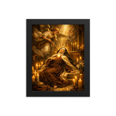 Teresa of Avila transverberation in candlelit chapel framed print on a plain backdrop in size 8"x10".