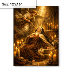 Teresa of Avila transverberation in candlelit chapel metal print on a plain backdrop in size 12"x16".