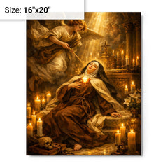 Teresa of Avila transverberation in candlelit chapel metal print on a plain backdrop in size 16"x20".