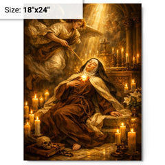 Teresa of Avila transverberation in candlelit chapel metal print on a plain backdrop in size 18"x24".