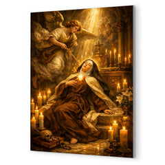 Teresa of Avila transverberation in candlelit chapel metal print mockup