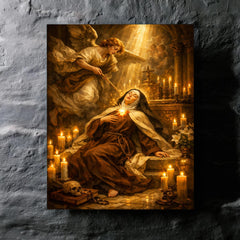 Teresa of Avila transverberation in candlelit chapel metal print mockup