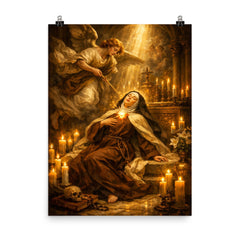 Teresa of Avila transverberation in candlelit chapel poster on a plain backdrop in size 8"x10".