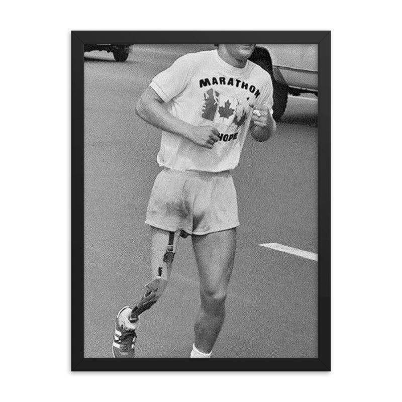 Terry Fox framed print on a plain backdrop in size 18