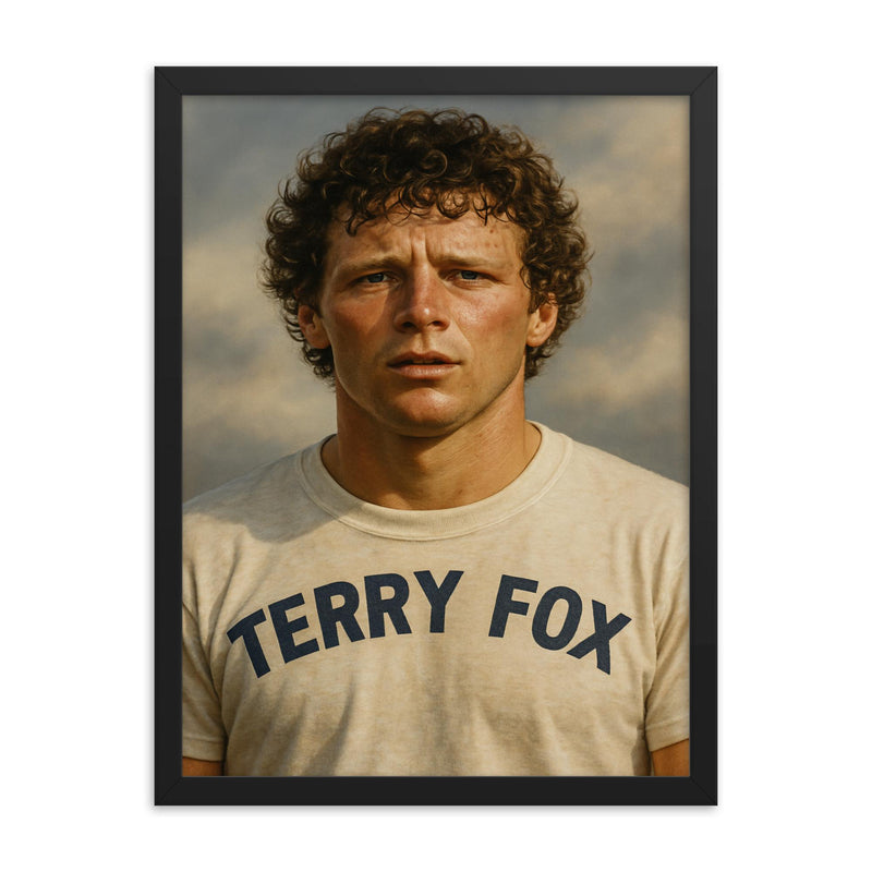 Terry Fox portrait framed print on a plain backdrop in size 18