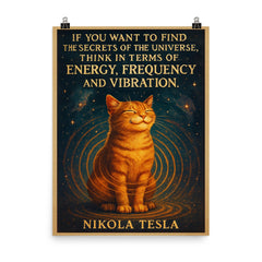 Tesla quote secrets of universe energy frequency vibration cat poster on a plain backdrop in size 8"x10".