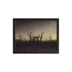 The Abbey in the Oakwood by Caspar David Friedrich, c. 1810 framed print on a plain backdrop in size 12"x16".