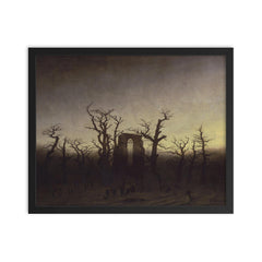 The Abbey in the Oakwood by Caspar David Friedrich, c. 1810 framed print on a plain backdrop in size 16"x20".