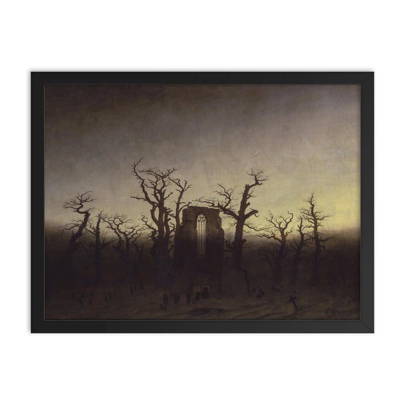 The Abbey in the Oakwood by Caspar David Friedrich, c. 1810 framed print on a plain backdrop in size 18