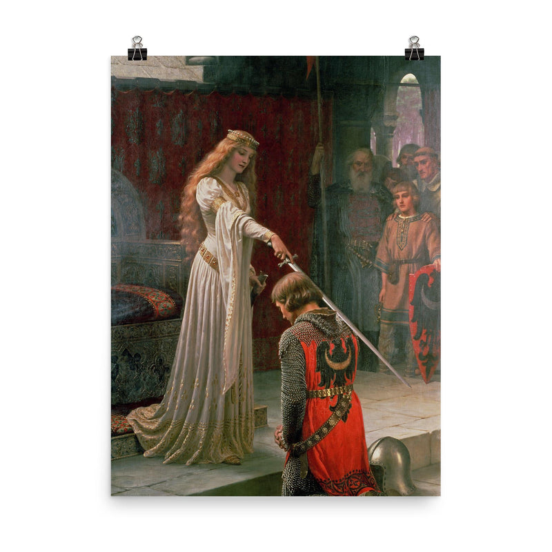 The Accolade by Edmund Leighton poster on a plain backdrop in size 8