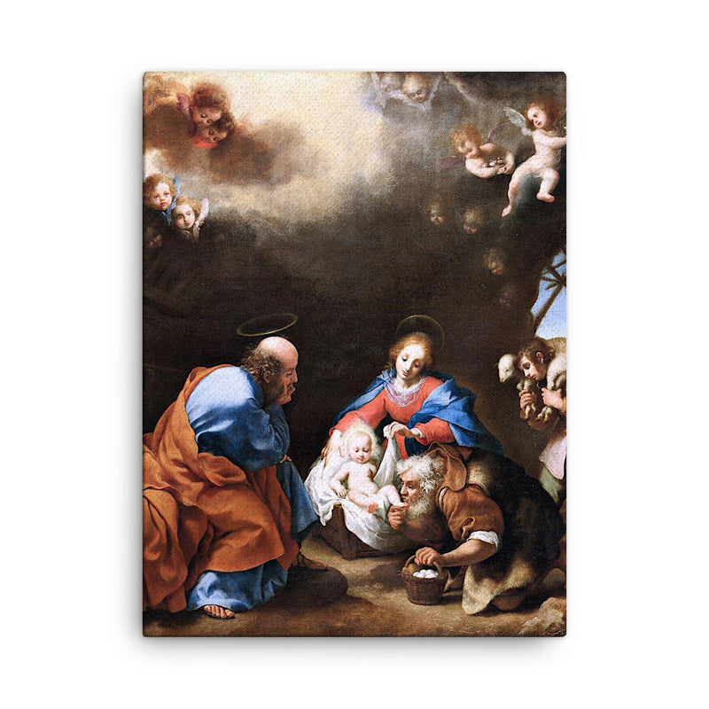 The Adoration of the Shepherds by Carlo Dolci canvas print on a plain backdrop in size 18