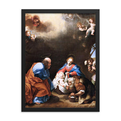 The Adoration of the Shepherds by Carlo Dolci framed print on a plain backdrop in size 18"x24".