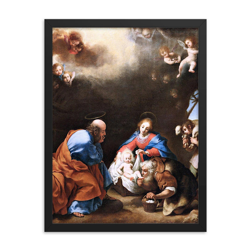 The Adoration of the Shepherds by Carlo Dolci framed print on a plain backdrop in size 18