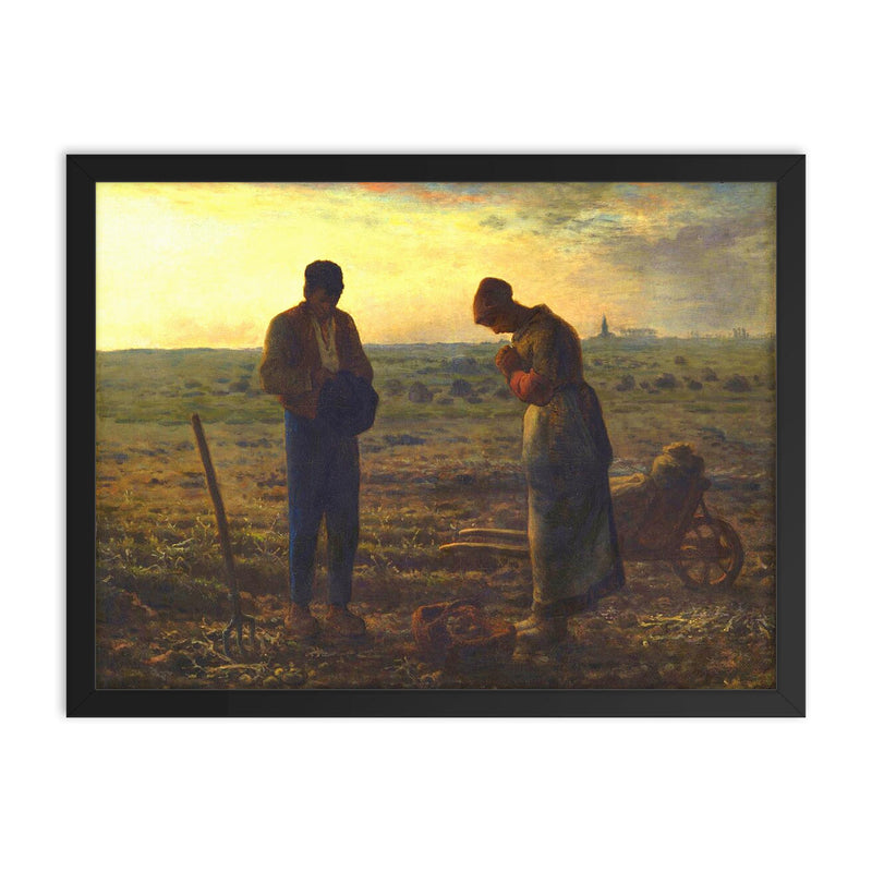 The Angelus by Jean-Francois Millet framed print on a plain backdrop in size 18