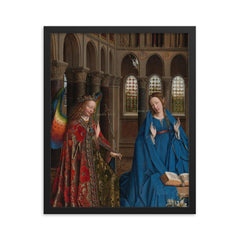The Annunciation by Jan van Eyck, c. 1436 framed print on a plain backdrop in size 16"x20".