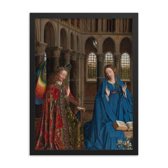 The Annunciation by Jan van Eyck, c. 1436 framed print on a plain backdrop in size 18"x24".