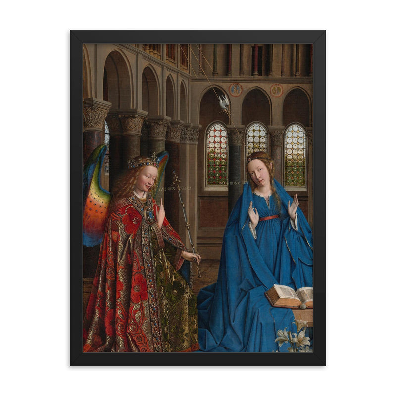 The Annunciation by Jan van Eyck, c. 1436 framed print on a plain backdrop in size 18