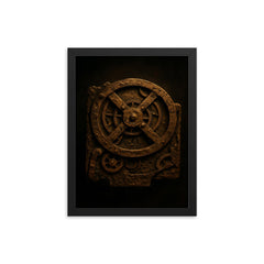 The Antikythera mechanism reconstructed in dramatic bronze framed print on a plain backdrop in size 12"x16".