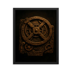 The Antikythera mechanism reconstructed in dramatic bronze framed print on a plain backdrop in size 16"x20".
