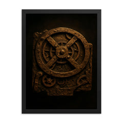 The Antikythera mechanism reconstructed in dramatic bronze framed print on a plain backdrop in size 18"x24".