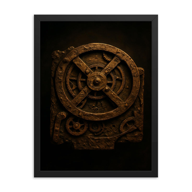 The Antikythera mechanism reconstructed in dramatic bronze framed print on a plain backdrop in size 18