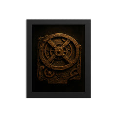 The Antikythera mechanism reconstructed in dramatic bronze framed print on a plain backdrop in size 8"x10".