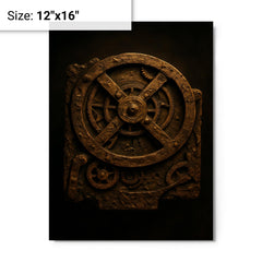 The Antikythera mechanism reconstructed in dramatic bronze metal print on a plain backdrop in size 12"x16".