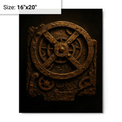 The Antikythera mechanism reconstructed in dramatic bronze metal print on a plain backdrop in size 16"x20".