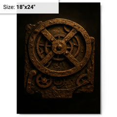 The Antikythera mechanism reconstructed in dramatic bronze metal print on a plain backdrop in size 18"x24".