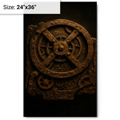 The Antikythera mechanism reconstructed in dramatic bronze metal print on a plain backdrop in size 24"x36".