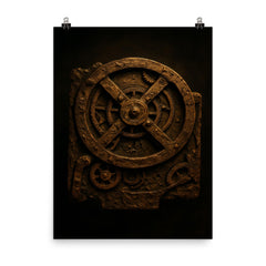 The Antikythera mechanism reconstructed in dramatic bronze poster on a plain backdrop in size 8"x10".