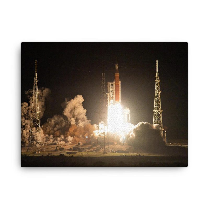 The Artemis 1 launch canvas print on a plain backdrop in size 18