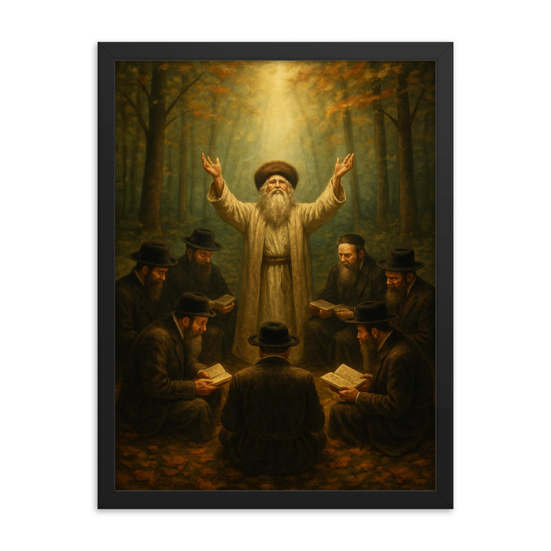 The Baal Shem Tov forest prayer circle framed print on a plain backdrop in size 18