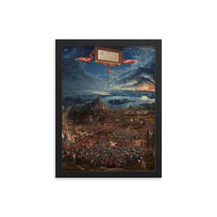 The Battle of Alexander at Issus by Albrecht Altdorfer, 1529 framed print on a plain backdrop in size 12"x16".