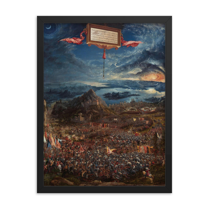 The Battle of Alexander at Issus by Albrecht Altdorfer, 1529 framed print on a plain backdrop in size 18
