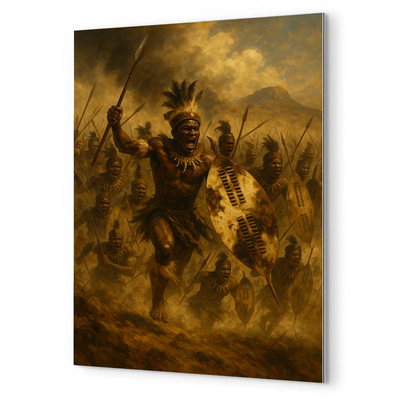 The Battle of Isandlwana Zulu warriors in thunderous charge metal print mockup