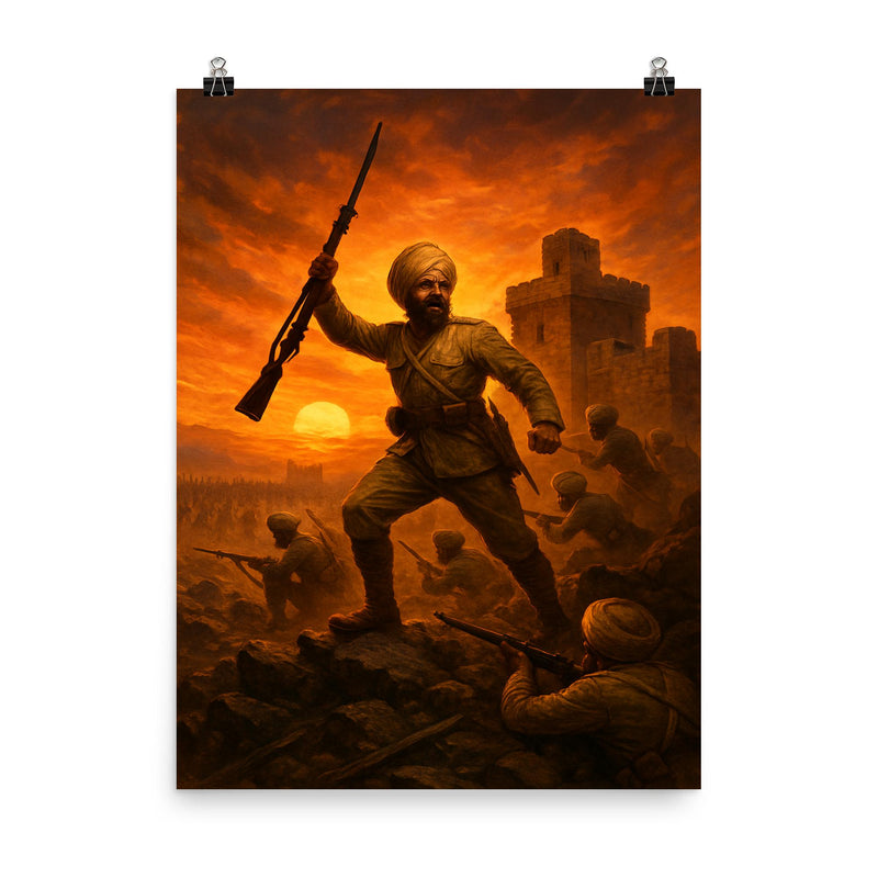 The Battle of Saragarhi final stand at sunset poster on a plain backdrop in size 8